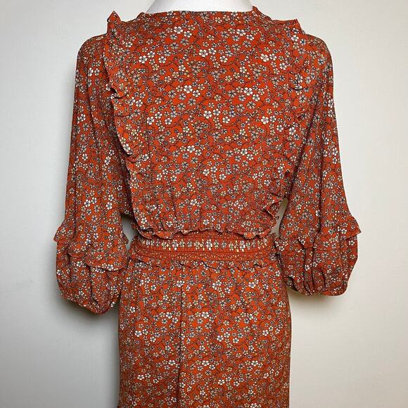 Floral Midi Dress Orange XS Tiered Ruffle Peasant Cottage Boho Cowgirl Prairie - Picture 9 of 11